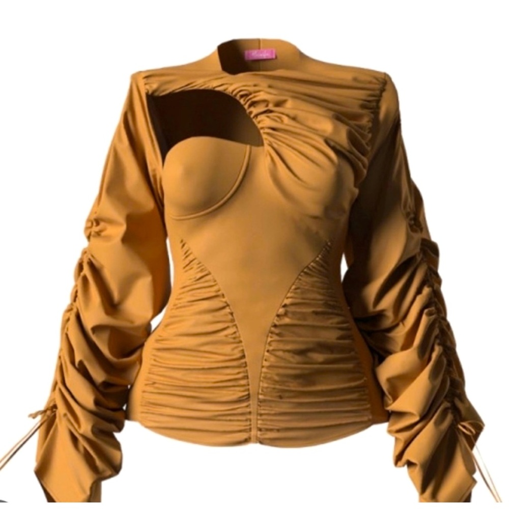 Hanifa Veronique ruched sleeve blouse in Camel color